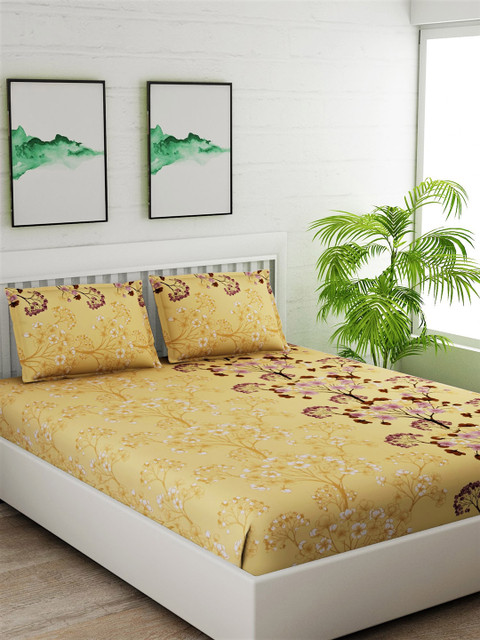 

Salona Bichona Yellow & Brown Floral 180 TC Cotton 1 Queen Bedsheet with 2 Pillow Covers