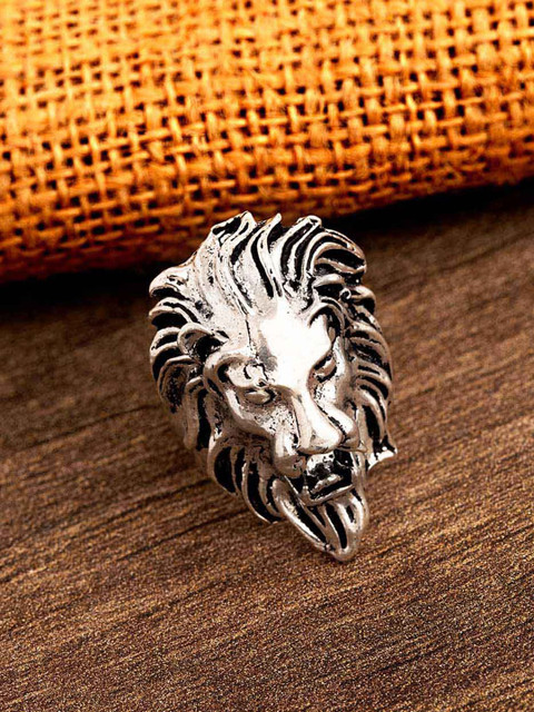 

Dare by Voylla Men Silver-Plated Lion Designer Finger Ring