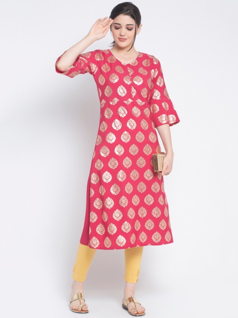 

ALC Creations Women Peach-Coloured Ethnic Motifs Printed Bell Sleeves Crepe Kurta