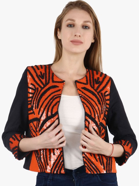 

Diwaah Women Orange Striped Open Front Jacket
