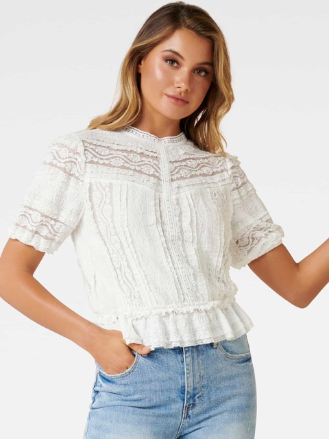 

Forever New Women White Lace Peplum Top