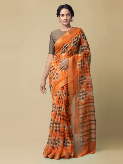 

Unnati Silks Orange & Beige Silk Cotton Checked Chanderi Saree
