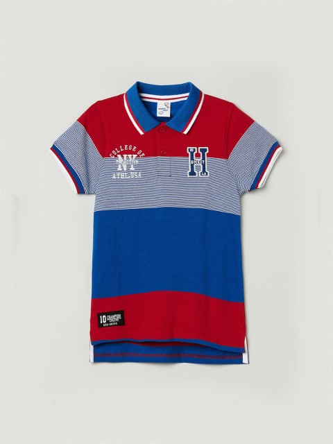 

max Boys Blue & Red Striped Polo Collar T-shirt