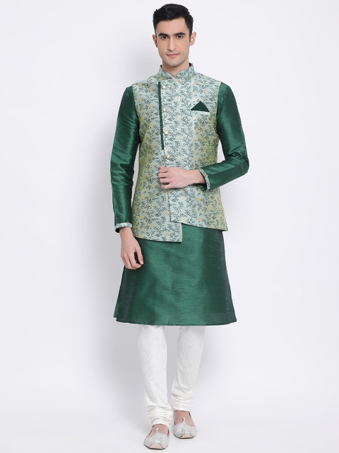 Sanwara Men Green & White Solid Kurta with Pyjamas & Jacket