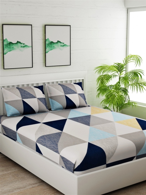

Salona Bichona Grey & Blue Geometric 180 TC Cotton 1 Queen Bedsheet with 2 Pillow Covers