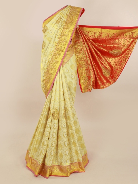 

Pothys Cream-Coloured Pure Silk Embellished Kanjeevaram Saree