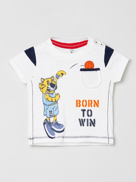 

max Boys White Printed Round Neck Cotton T-shirt