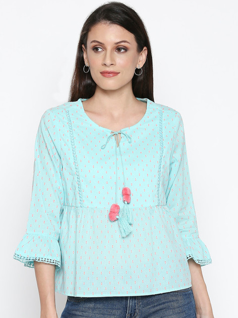 

People Women Blue Printed Tie-Up Neck Flared Sleeves Pure Cotton Top