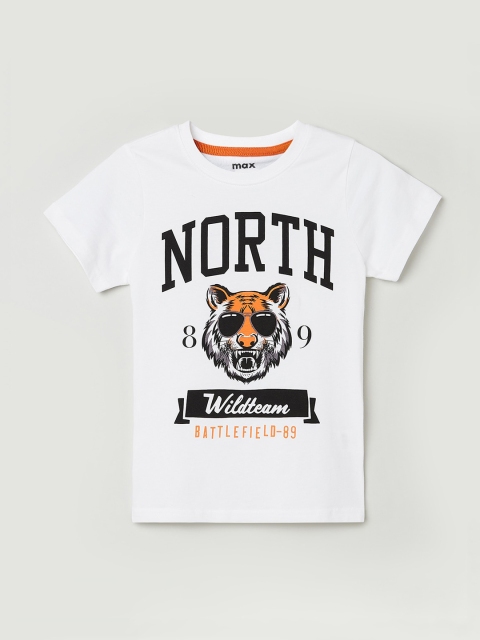 max Boys White Printed Round Neck T-shirt