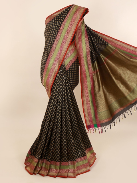 

Pothys Black & Gold-Toned Pure Silk Printed Banarasi Saree