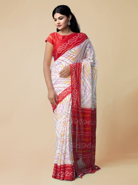 

Unnati Silks Red & White Silk Blend Printed Bandhani Saree