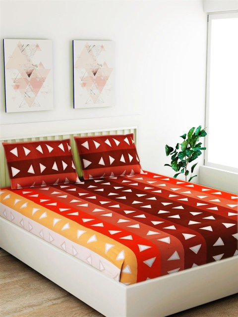 

Salona Bichona Red & Yellow Geometric 180 TC Cotton 1 Queen Bedsheet with 2 Pillow Covers