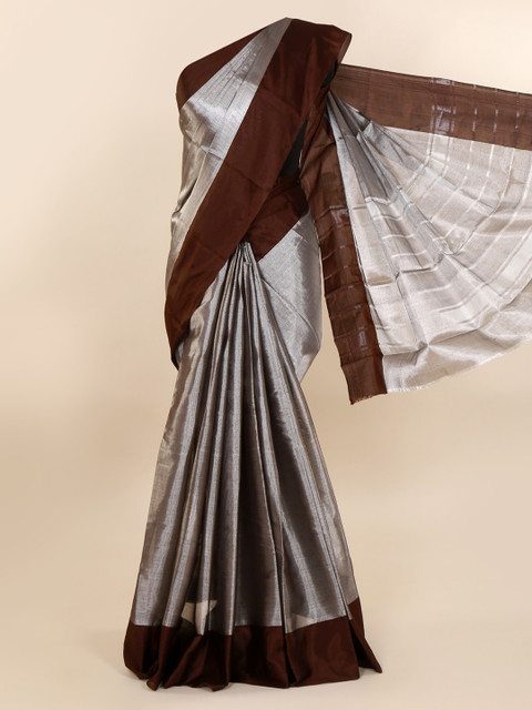 

Pothys Silver-Toned & Brown Tissue Solid Saree