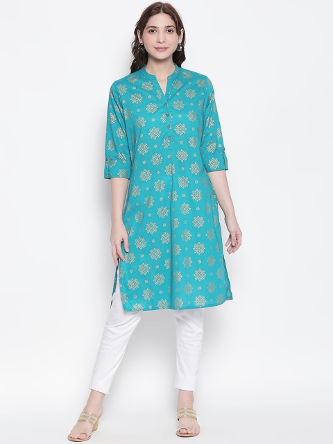 

RANGMANCH BY PANTALOONS Women Turquoise Blue Printed A-Line Kurta