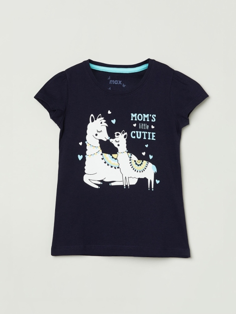 max Girls Blue Printed Round Neck Cotton Pure Cotton T-shirt