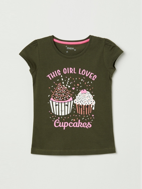 

max Girls Green Printed Round Neck T-shirt
