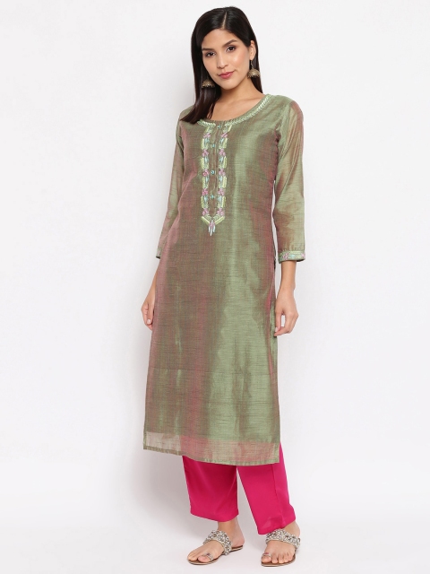 

Ashnaina Women Green Embroidered Chanderi Silk Straight Kurta