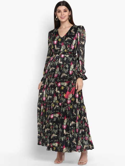 

NIZA Women Black Printed Maxi Dress With Bell Sleeves