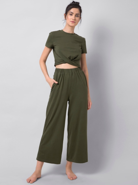 

FabAlley Women Olive Green Solid Night Suit