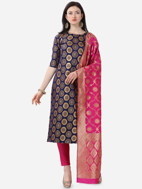 

Satrani Navy Blue & Pink Poly Silk Unstitched Dress Material