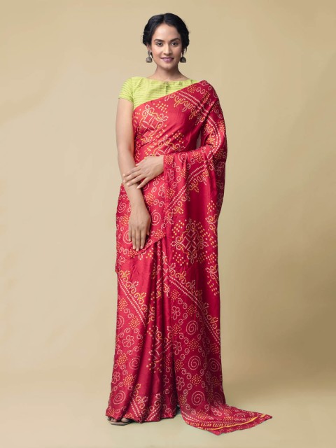 

Unnati Silks Red Silk Blend Dyed Bandhani Saree