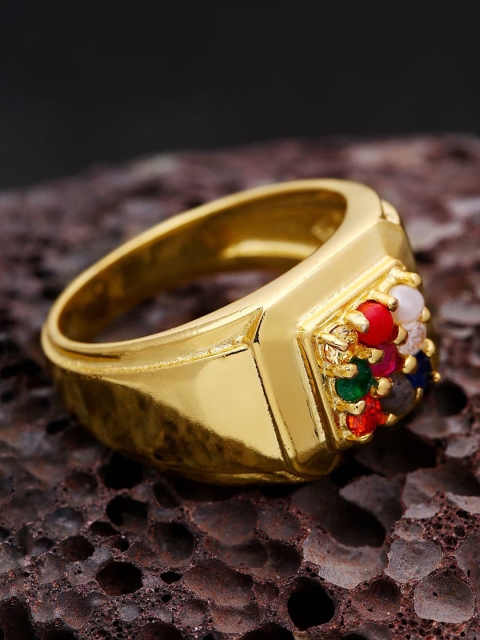 

Dare by Voylla Men Gold-Plated Stone Studded Plain Band Navratan Finger Ring