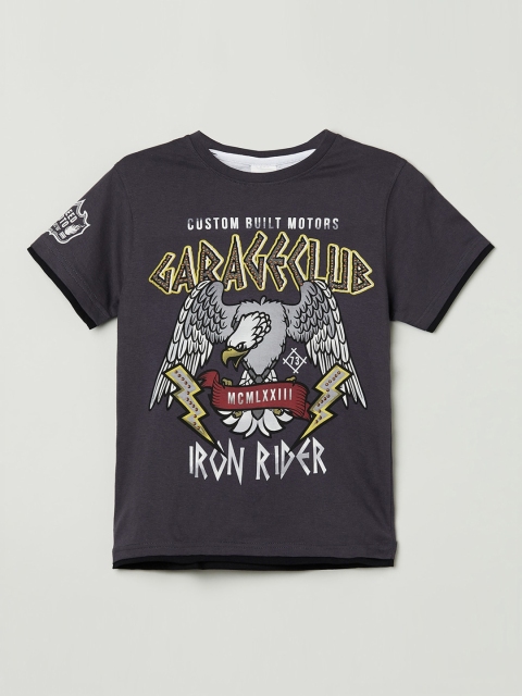 

max Boys Grey & Yellow Printed Round Neck Cotton T-shirt