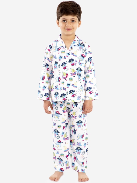 

KID1 Boys White & Blue Printed Night Suit