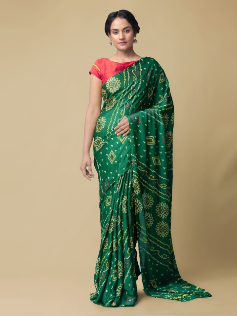 

Unnati Silks Green Silk Blend Dyed Patola Saree