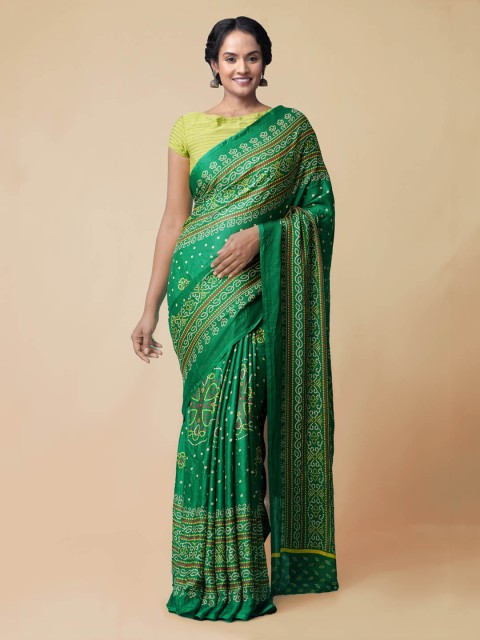

Unnati Silks Green Silk Blend Printed Bandhani Saree