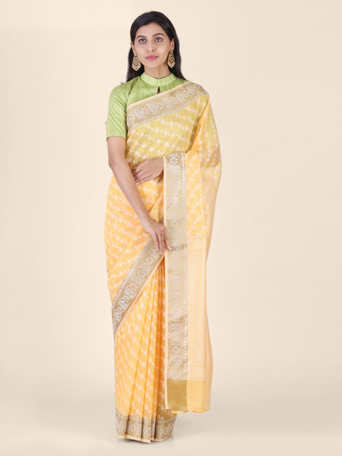 

Shruti and Mangaaysh Yellow Silk Blend Woven Design Handloom Banarasi Saree