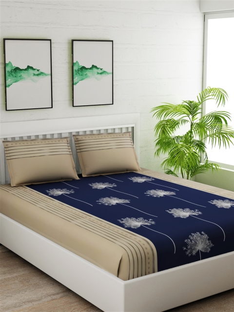 

Salona Bichona Navy Blue & Beige Floral 180 TC Cotton 1 Queen Bedsheet with 2 Pillow Covers