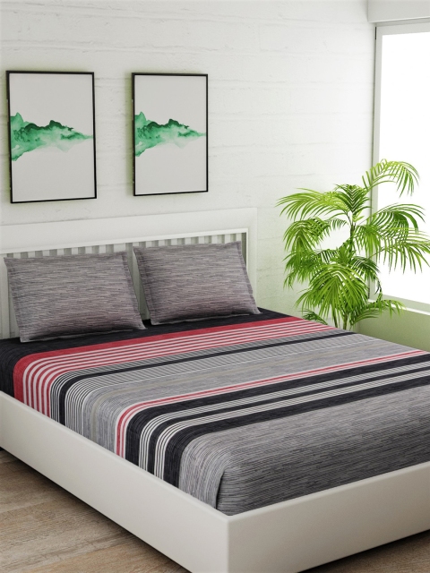 

Salona Bichona Grey & White Striped 180 TC Cotton 1 Queen Bedsheet with 2 Pillow Covers
