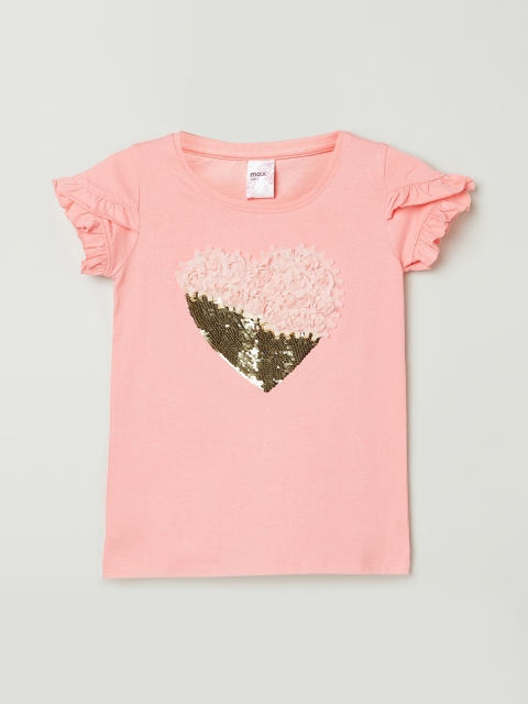 

max Girls Pink & Brown Embellished Round Neck Cotton T-shirt