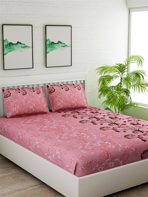 

Salona Bichona Peach-Coloured & White Floral 180 TC Cotton 1 Queen Bedsheet with 2 Pillow Covers