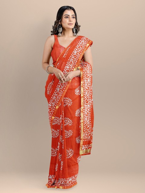

BharatSthali Orange Silk Cotton Printed Venkatgiri Saree