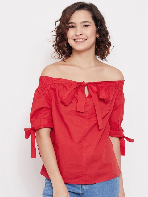 

CAMLA Red Solid Off-Shoulder Cold-Shoulder Sleeves Bardot Top