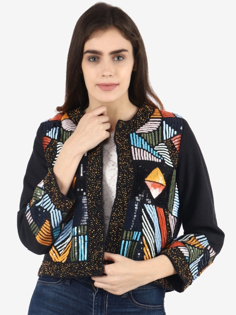 

Diwaah Women Black & Blue Sequin Embellished Open Front Jacket