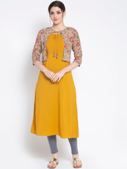 

ALC Creations Women Mustard & Grey Printed A-Line Kurta