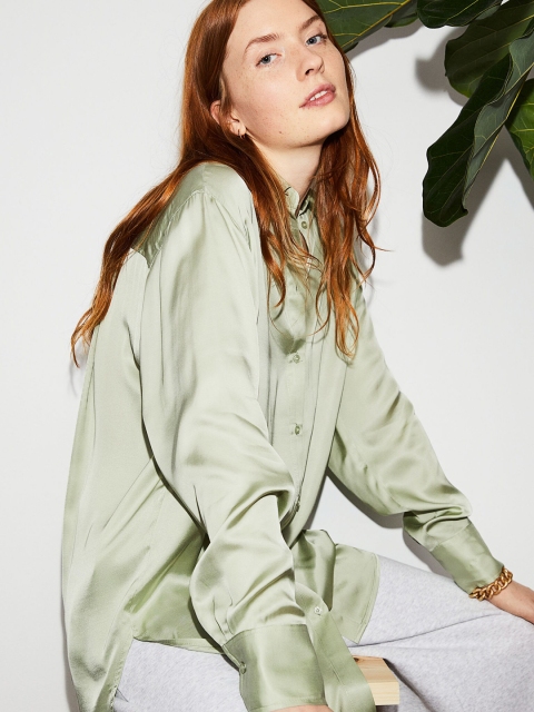 

H&M Women Olive Satin Shirt