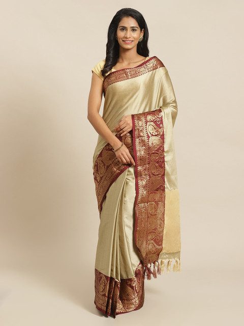 

Mitera Beige & Maroon Silk Blend Solid Banarasi Saree