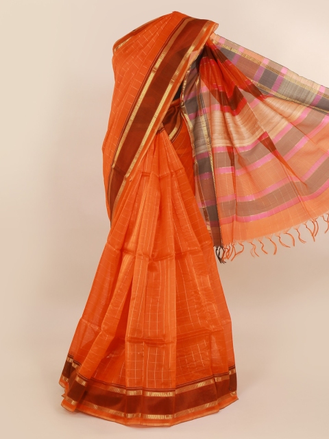 

Pothys Orange Checked Jute Silk Saree