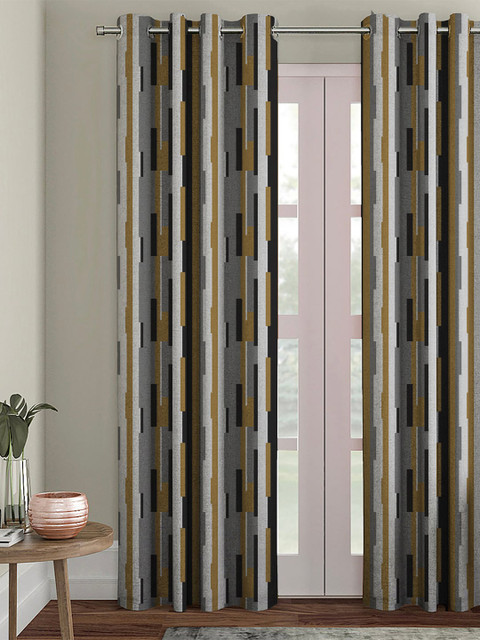 

HOUZZCODE Black & Mustard Printed Single Black Out Door Curtain