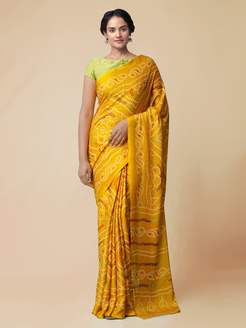 

Unnati Silks Yellow Silk Blend Dyed Bandhani Saree