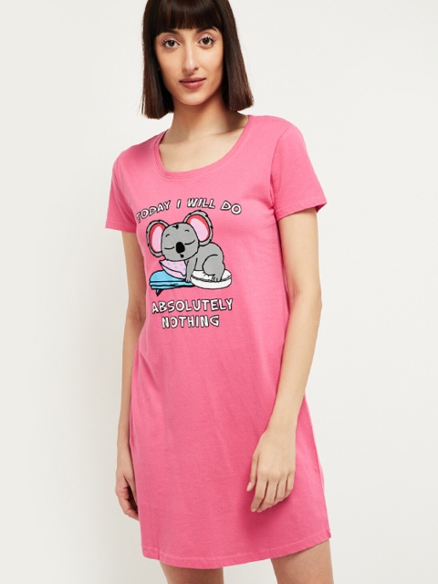 

max Women Pink & Grey Printed Cotton Nightdress