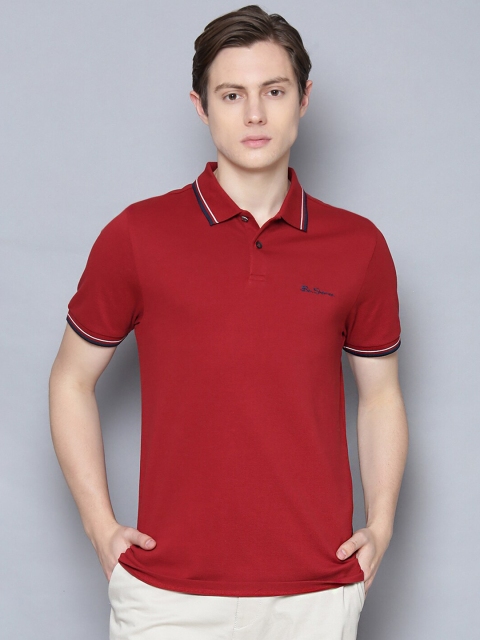 

BEN SHERMAN Men Red Solid Polo Collar Organic Cotton T-shirt