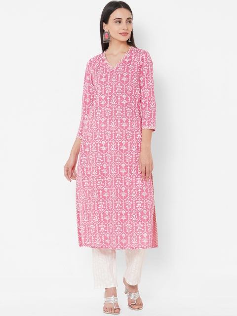 

FASHOR Women Pink & White Floral Printed V-Neck Kurta