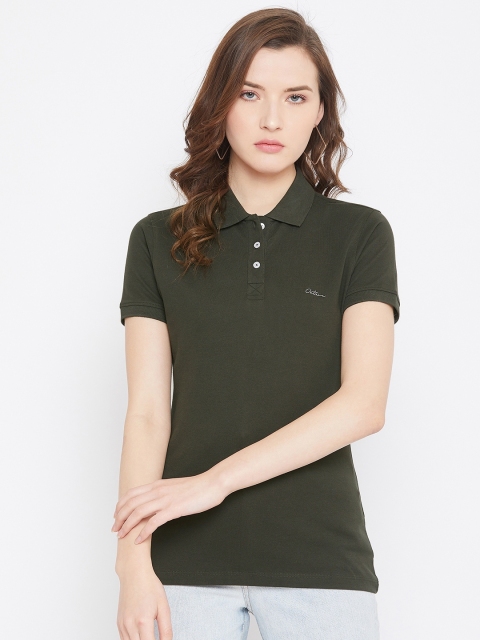 

Octave Women Olive Green Solid Polo Collar T-shirt