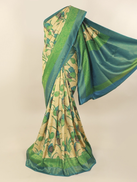 

Pothys Off-White & Green Pure Silk Printed Banarasi Saree
