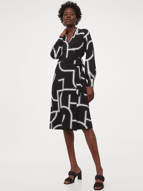 

H&M Women Black & White Printed Calf-Length Wrap Dress